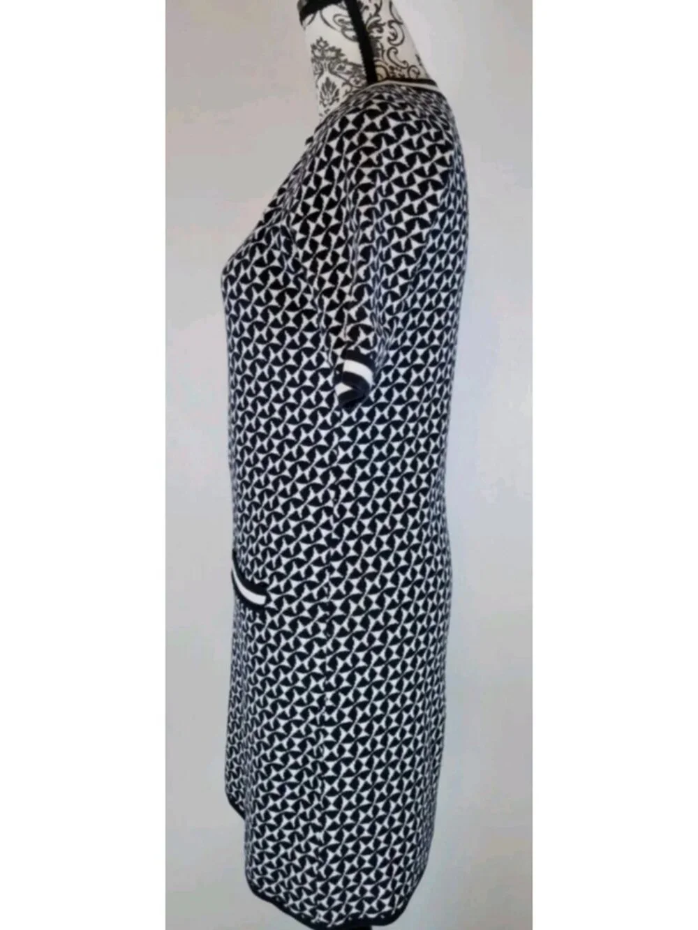 Boden Knit Sweater Dress Size 4 Navy White Geometric Jacquard Short Sleeve Pocke - Picture 7 of 12